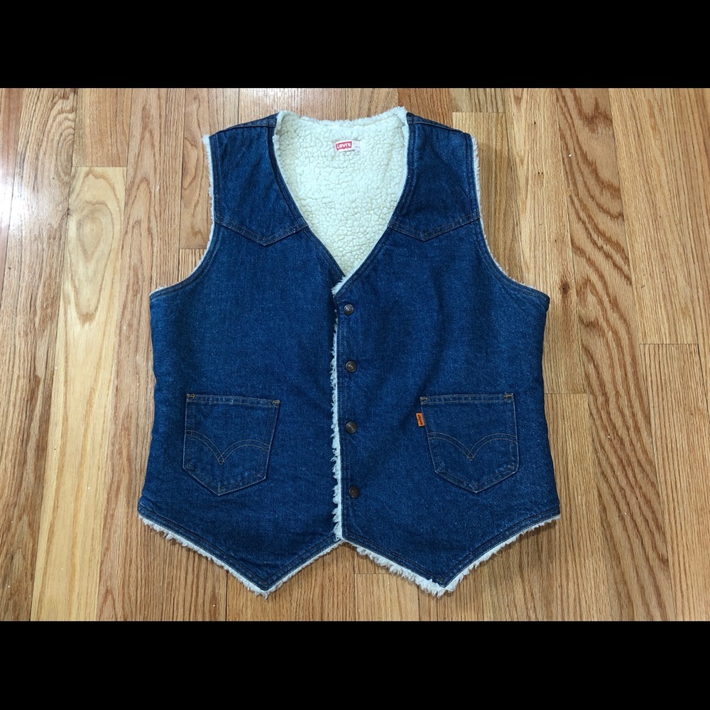 VINTAGE 70s LEVIS DENIM SHERPA VEST ORANGE TAB L